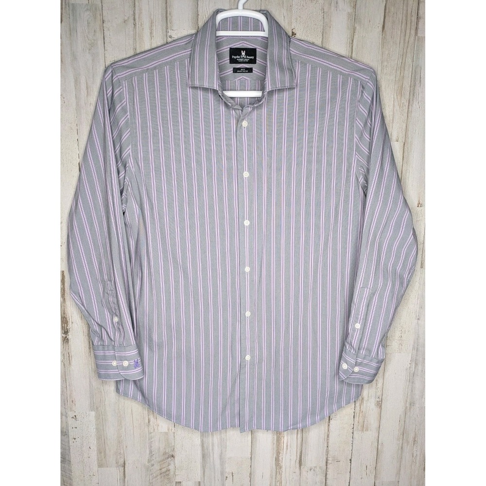 Psycho Bunny Mens Slim Fit Stretch Non Iron Dress Shirt Purple Gray 16.5 32/33 L
